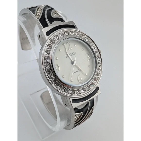 Studio Time Bangle Watch Women 30mm Case Black Enamel Rhinestones- New Battery - Picture 2 of 8